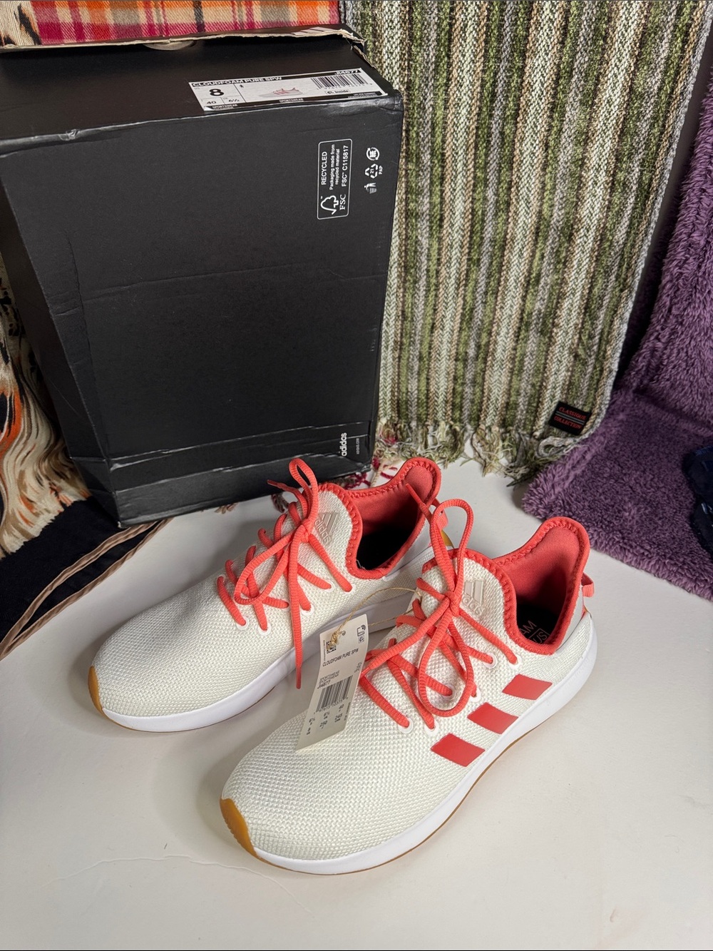 Adidas White Knit Sneakers with Coral Accents